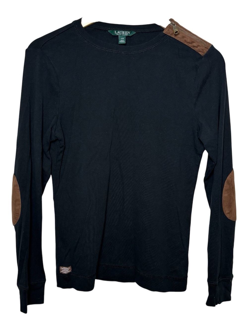 LAUREN Ralph Lauren Top Women Medium Long Sleeve Black Faux Suede Elbow Patch